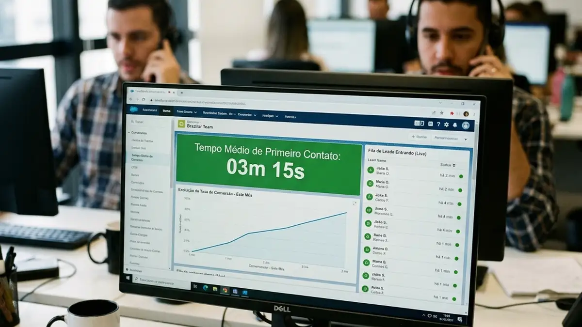 Painel de CRM exibindo métricas de tempo de resposta ao lead abaixo de 5 minutos e aumento nas taxas de conversão de vendas.