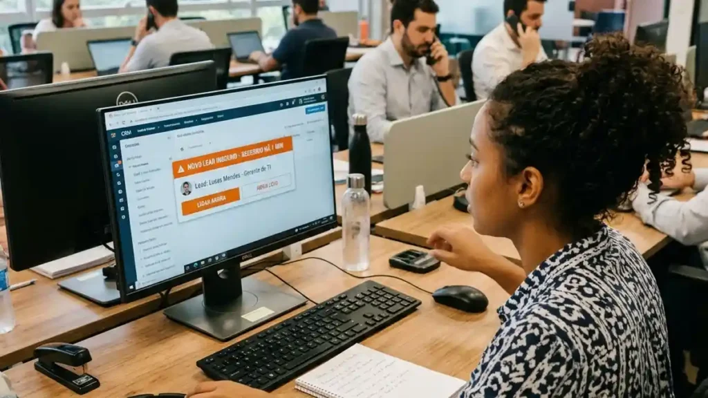 Vendedor B2B reagindo imediatamente à notificação de novo lead inbound no CRM na tela do computador para contato em menos de 5 minutos.