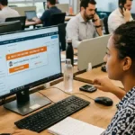 Vendedor B2B reagindo imediatamente à notificação de novo lead inbound no CRM na tela do computador para contato em menos de 5 minutos.