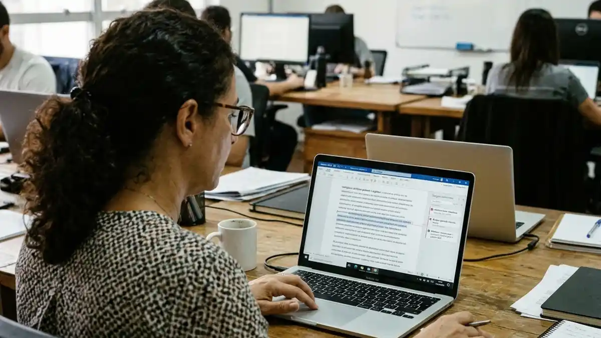Editor executando a revisão aprofundada e checagem de fatos em rascunho de artigo técnico em tela de laptop, garantindo autoridade da marca.