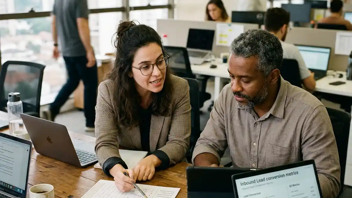 Dois profissionais de marketing B2B planejando o calendário editorial e analisando relatórios de conversão de leads e CAC em reunião estratégica.