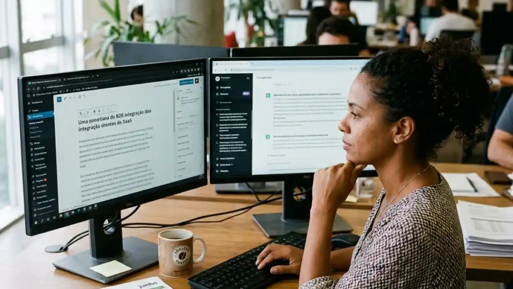Gestora de marketing de conteúdo B2B em sua mesa de trabalho analisando a produção de artigos no blog e diretrizes de IA em monitores duplos para redução de CAC.