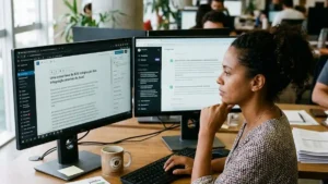 Gestora de marketing de conteúdo B2B em sua mesa de trabalho analisando a produção de artigos no blog e diretrizes de IA em monitores duplos para redução de CAC.