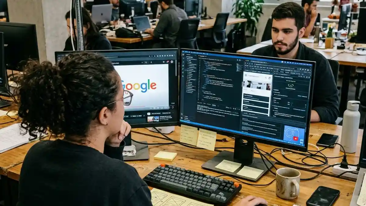 Especialista em SEO técnico e desenvolvedor trabalhando juntos na otimização de código e Core Web Vitals com base nas orientações em vídeo do Google Search Central.