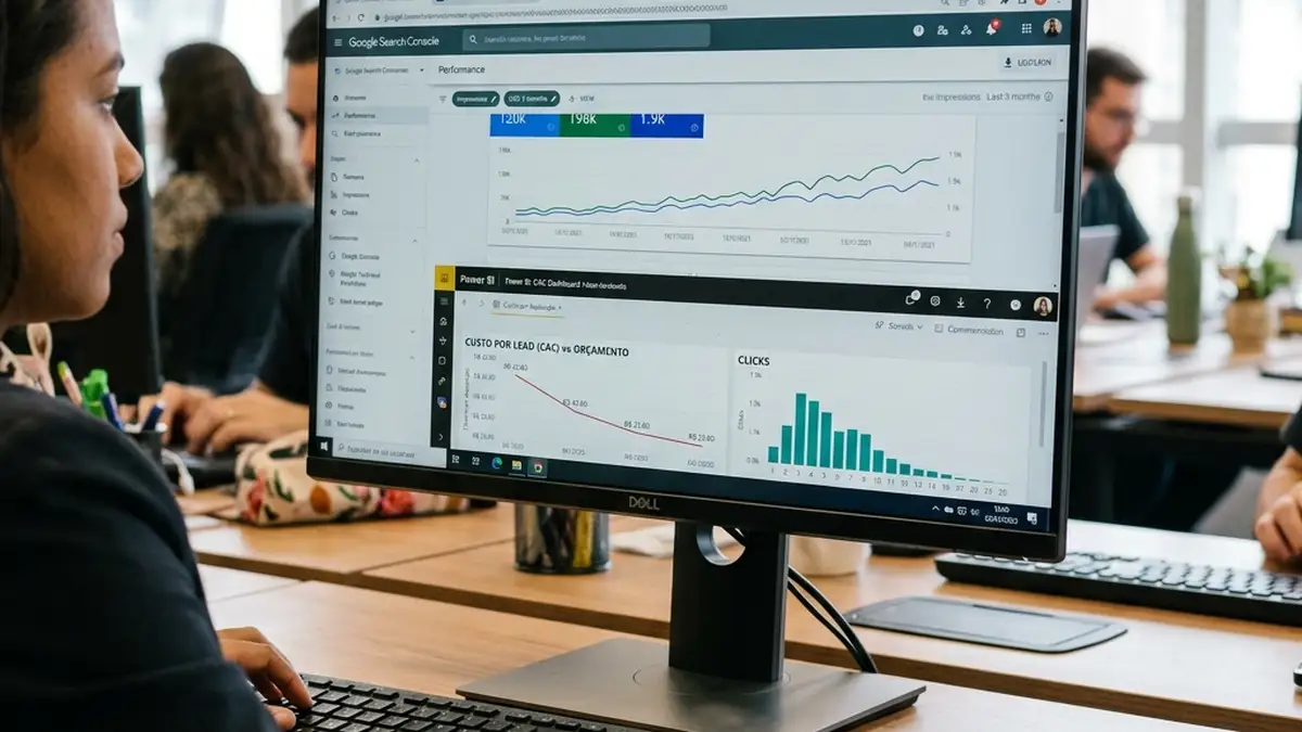 Tela de computador em close detalhando relatório do Google Search Console com crescimento de tráfego orgânico e painel financeiro demonstrando redução do Custo de Aquisição de Clientes (CAC).