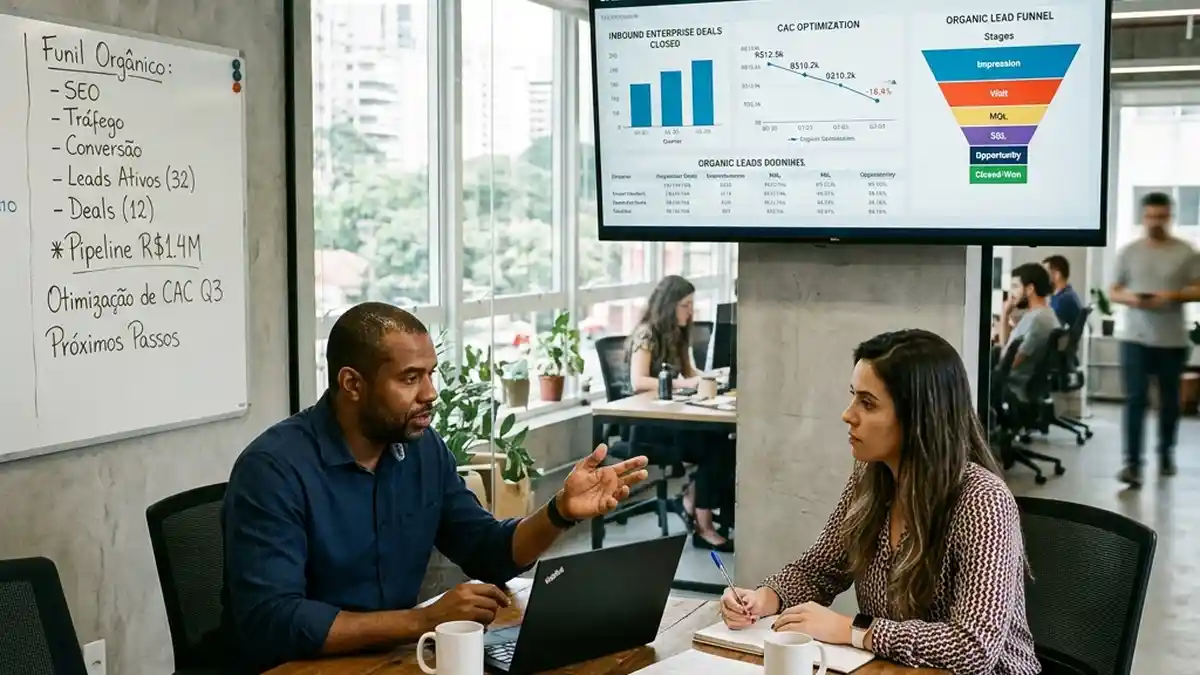 Gestores comercial e de marketing em reunião estratégica analisando pipeline de vendas inbound e receita escalada através do tráfego orgânico gerado por SEO.