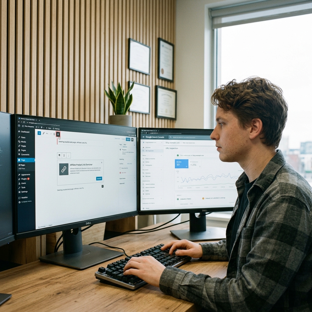 Profissional de SEO técnico realizando auditoria de subpastas e remoção de conteúdo de terceiros no CMS para manter a reputação e conformidade do domínio.