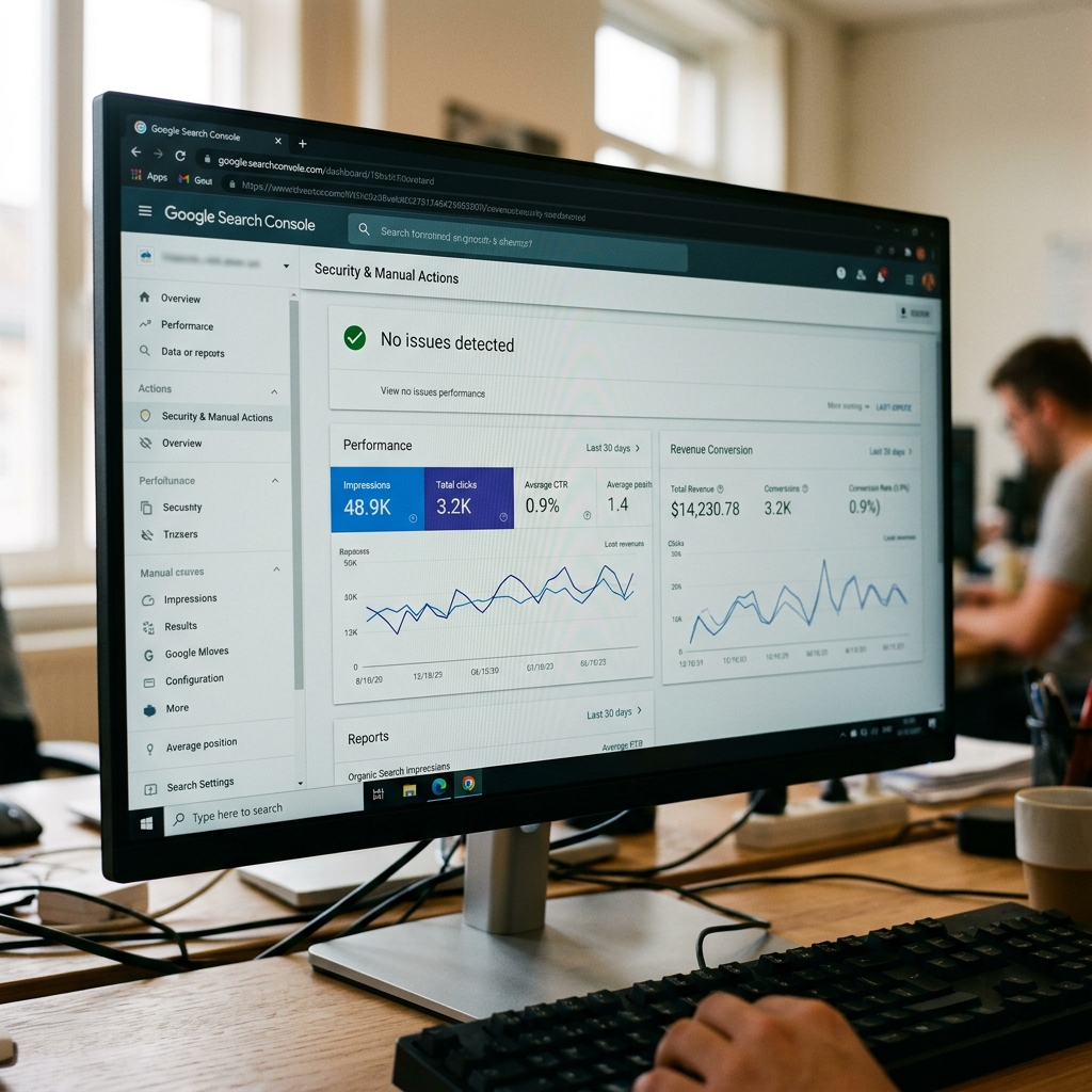Tela de computador em close-up exibindo o relatório de Ações Manuais do Google Search Console sem penalidades e métricas de receita orgânica em crescimento.