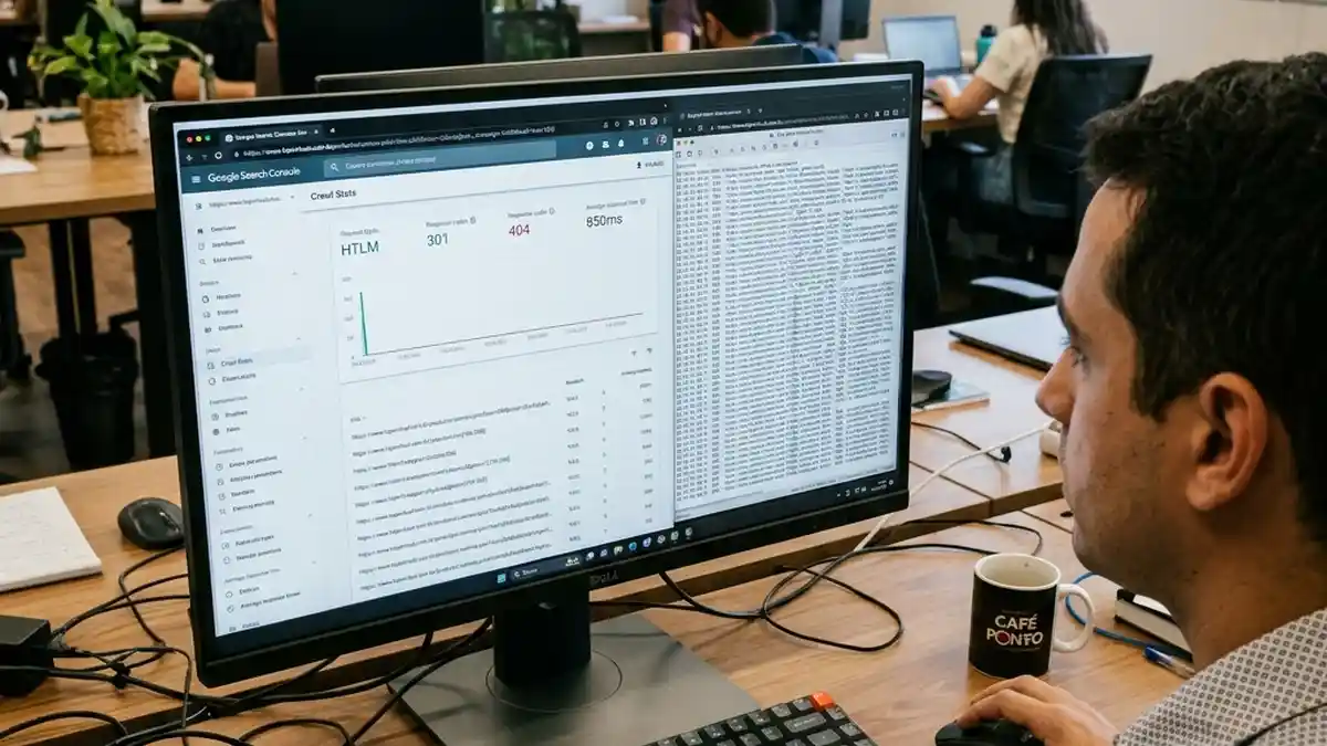 Close-up em monitor profissional exibindo relatório de rastreamento do Search Console com URLs com parâmetros de colchetes consumindo crawl budget.