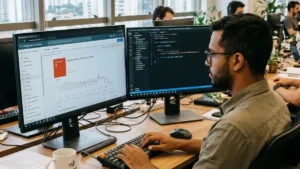 Especialista em SEO técnico analisando no monitor queda de tráfego orgânico no Google Search Console decorrente de URLs duplicadas com colchetes.