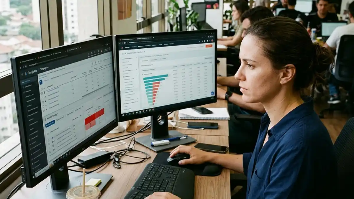Especialista em tráfego pago auditando campanhas de Google Ads e Meta Ads em dois monitores para pausar anúncios que geram desperdício de verba.