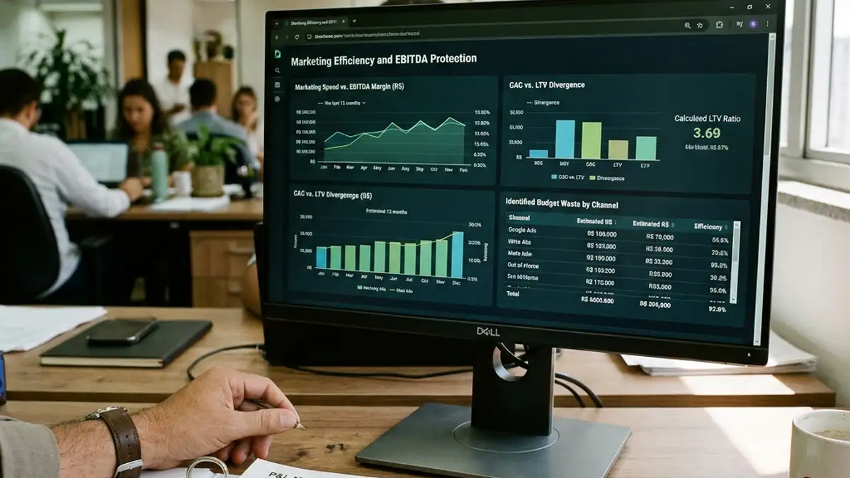 Close-up em monitor exibindo dashboard de BI com métricas de desperdício no orçamento de marketing, CAC e margem Ebitda ao lado de planilha impressa.