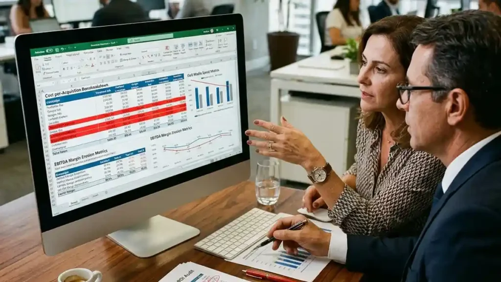Diretor de marketing e controller financeiro analisando auditoria de orçamento de marketing e impacto no Ebitda em monitor de escritório.