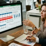 Diretor de marketing e controller financeiro analisando auditoria de orçamento de marketing e impacto no Ebitda em monitor de escritório.